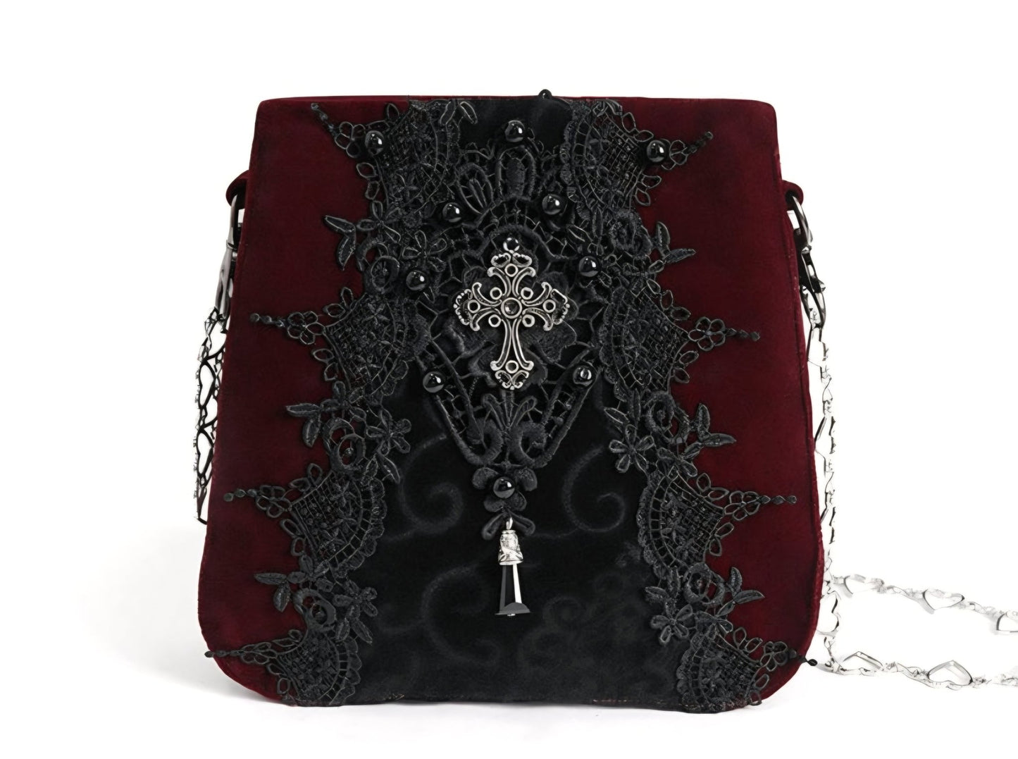 EN: Gothic Velvet Crossbody Bag with Lace & Cross Charm IT: Borsa Gothica in Velluto con Ricami, Pizzo e Croce Decorativa - GEDICO STORE