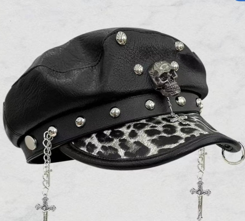 Punk Skull Rivet Chained Hat – Gothic Leopard Cap - GEDICO STORE
