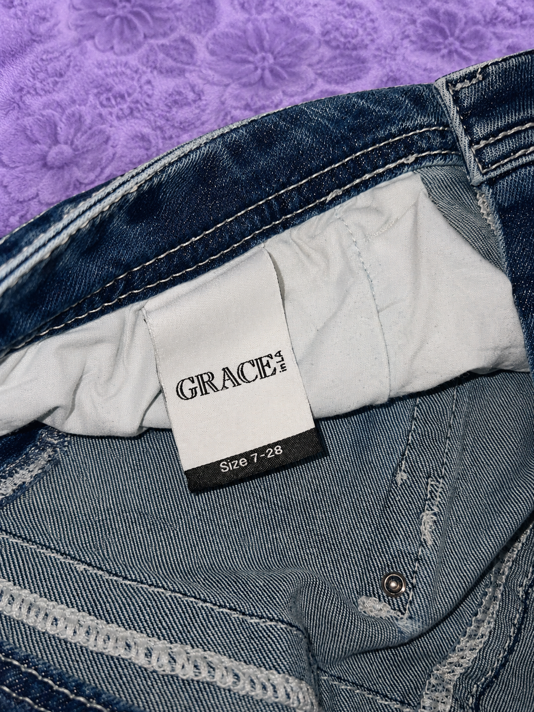 Jeans Grace in LA Y2K Bootcut Donna Taglia 7/28 Denim Blu Ricami e Strass Stile Western Cowgirl