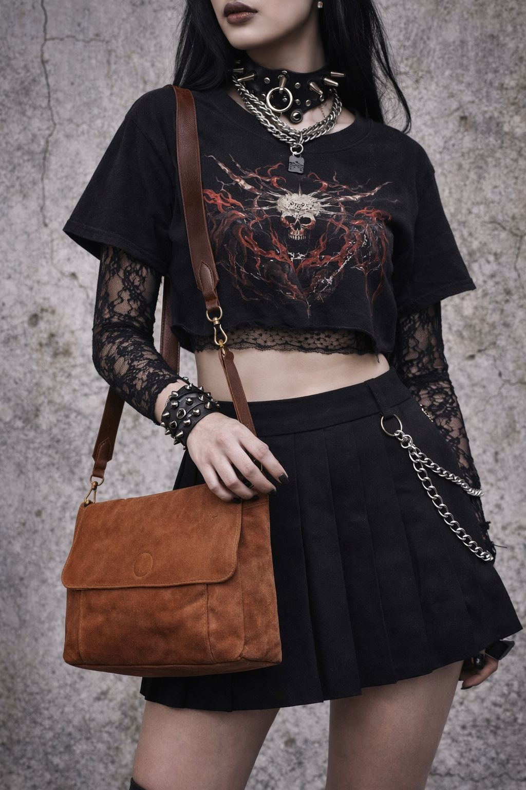 Borsa a tracolla marrone in suede – stile punk rock / vintage streetwear