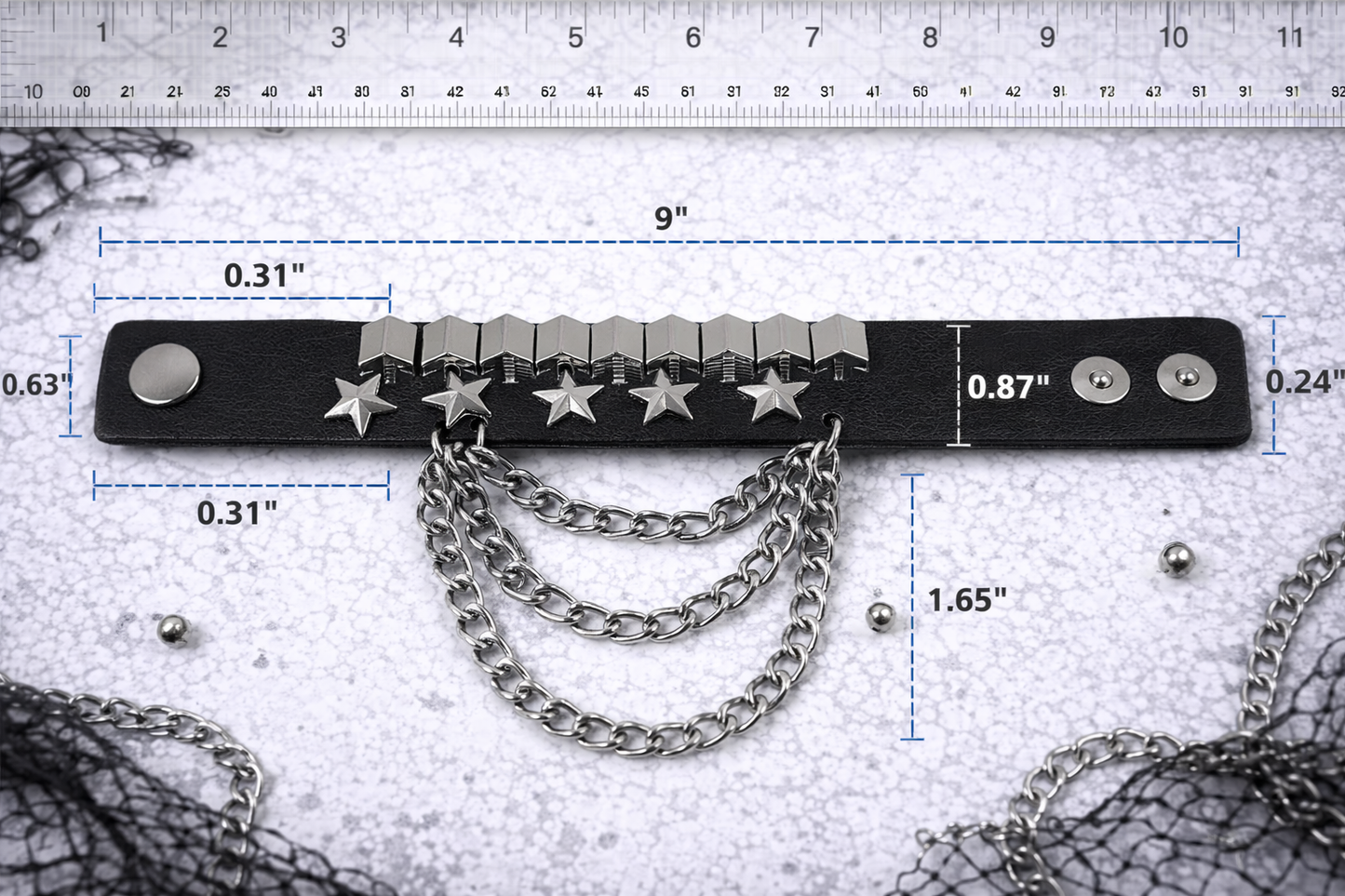 Bracciale Punk Rock con Stelle e Catena – Pelle Nera Unisex