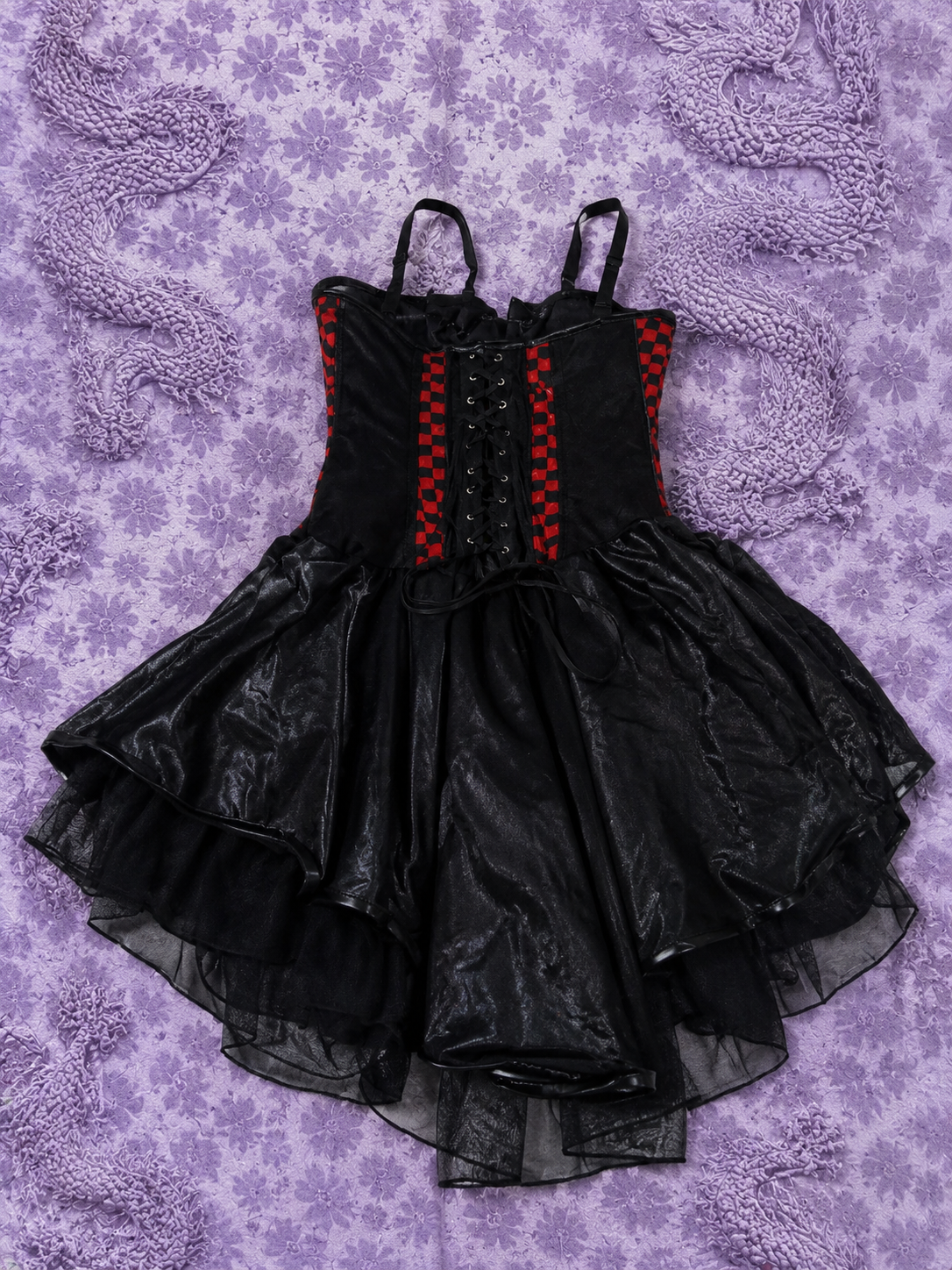 Abito Corsetto Nero e Rosso a Scacchi | Mini Abito Gothic Punk Y2K con Gonna a Balze XS