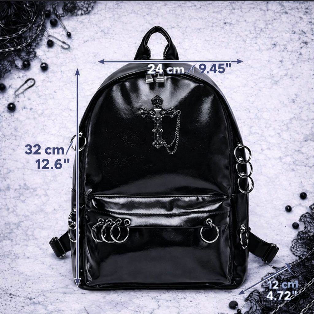 Zaino Gothic Nero Lucido con Croce e Anelli Metallici | Punk Alternative