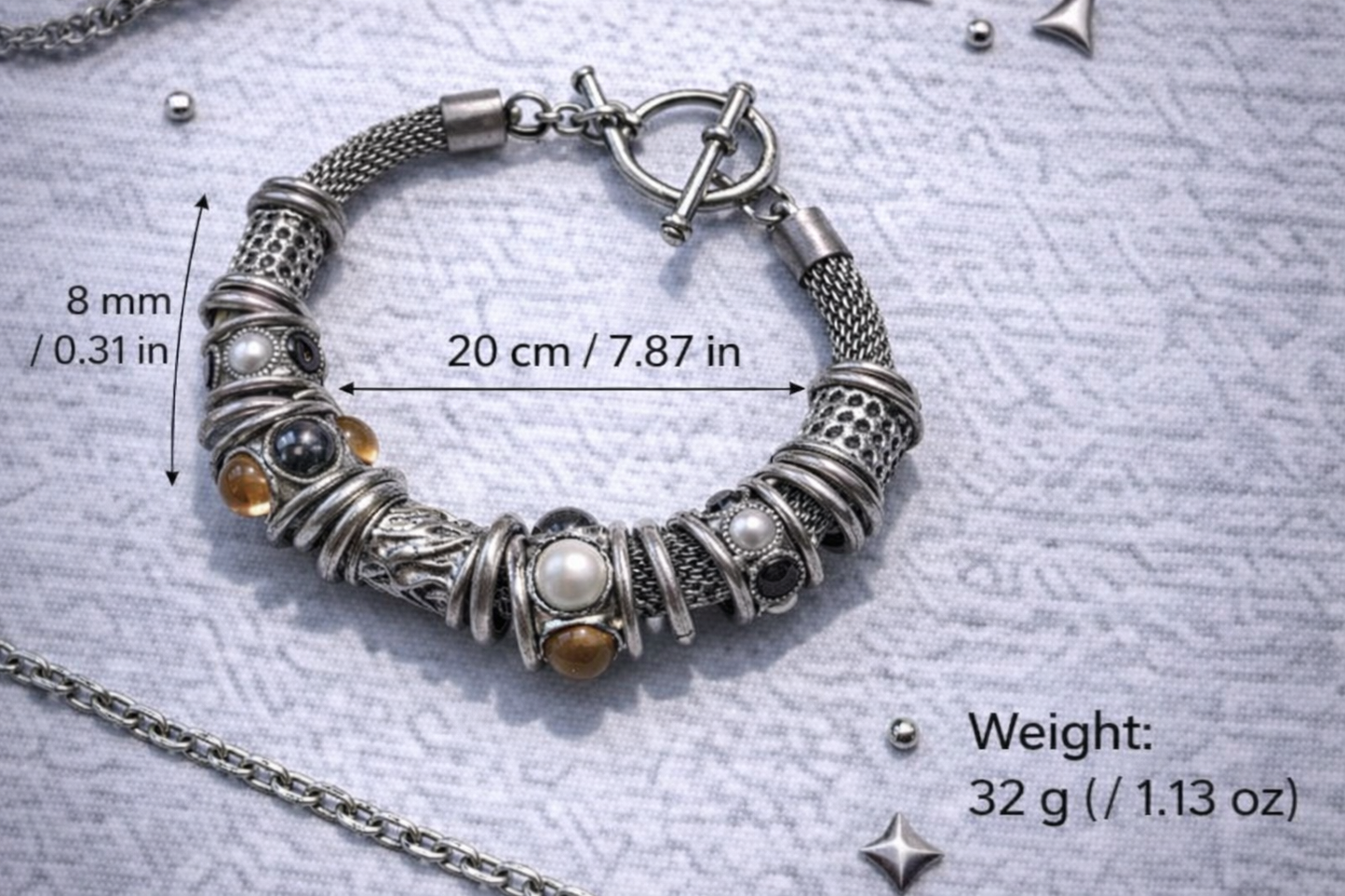 Bracciale Unisex Vintage Y2K con Perle e Pietre – Maglia Metallica Argento – USATO