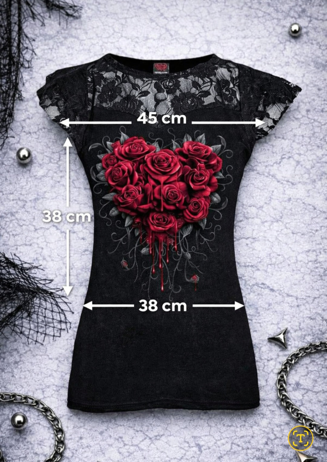 Top Gothic Spiral® Donna – Cuore di Rose Rosse & Pizzo Nero | Dark Alternative – Nuovo