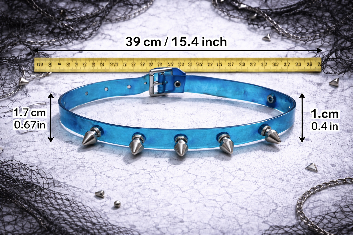 Choker Blu Trasparente con Borchie – Punk Goth Spiked Choker Necklace Alternative Jewelry