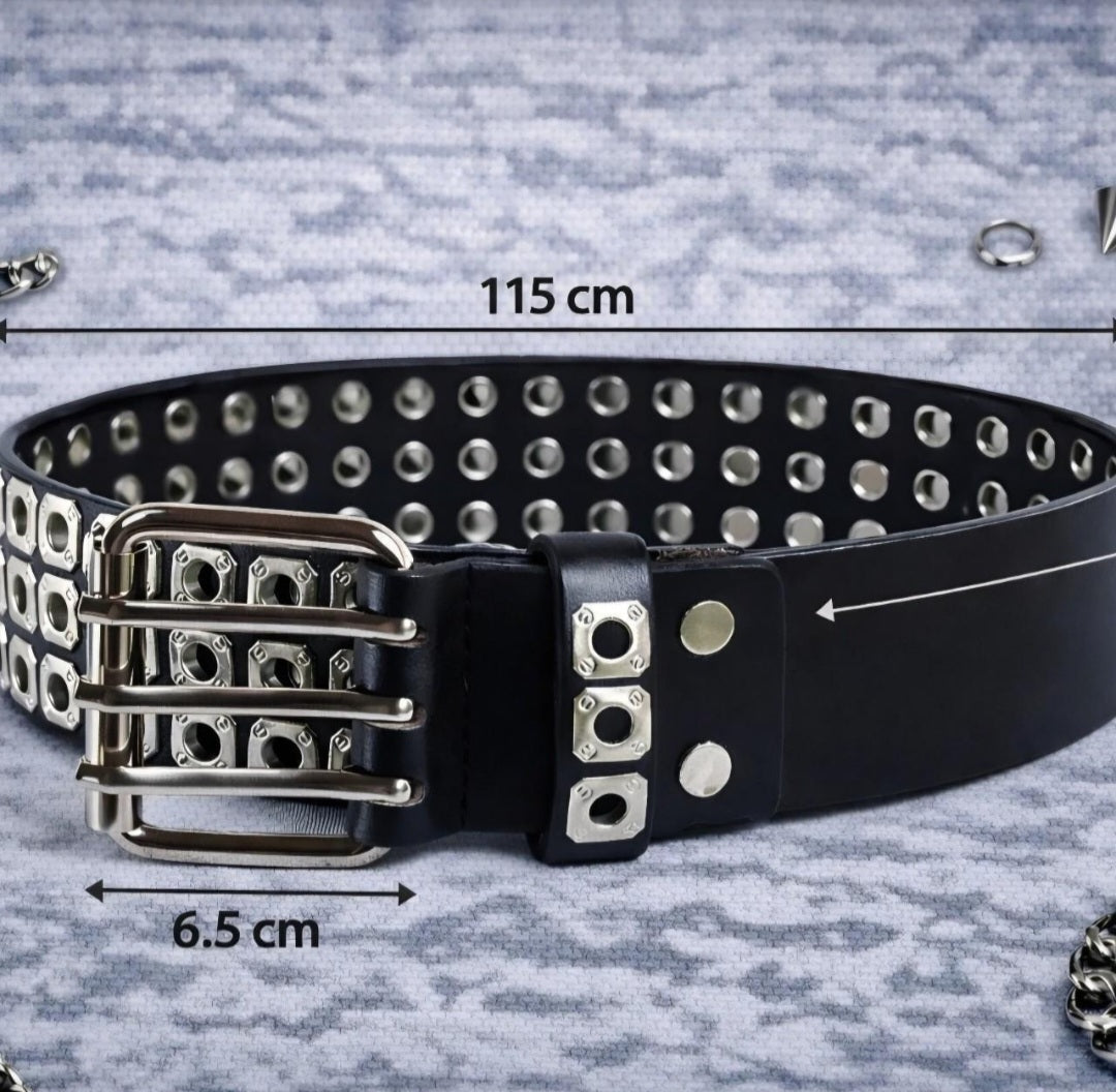 Cintura punk nera borchiata con fibbia tripla in metallo larga 6,5 cm – unisex