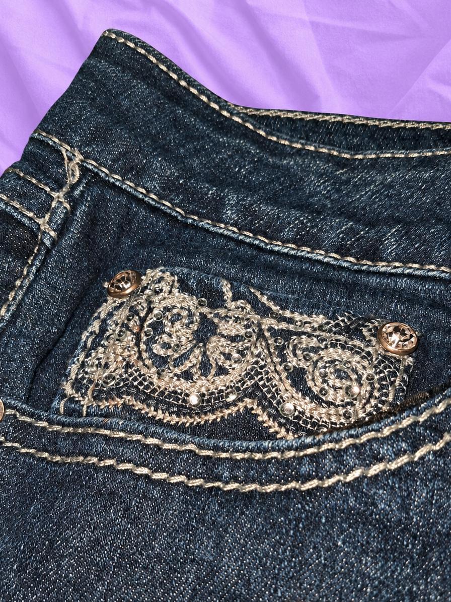 ONE 5 ONE Dark Wash Flare Jeans with Embroidery & Rhinestones – Size 12