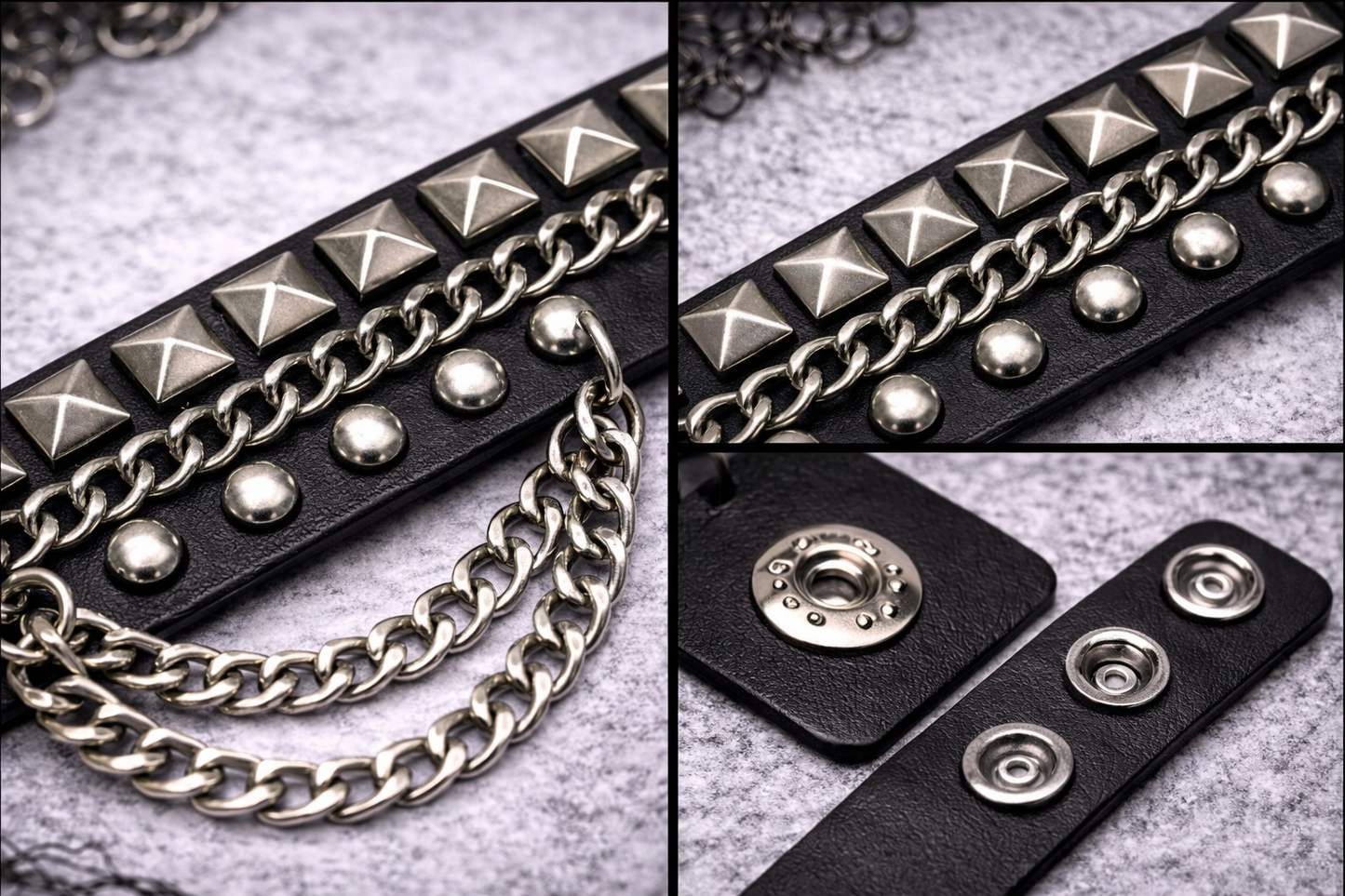 Bracciale Punk Rock Unisex con Borchie e Catena – Pelle Nera