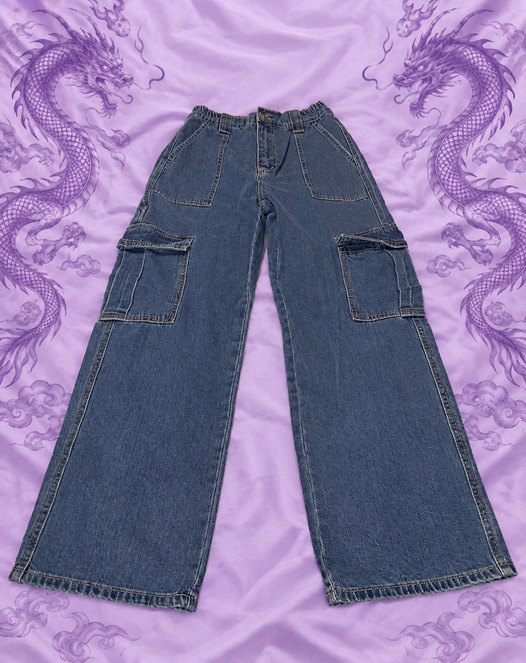 Wax Jean Collection Y2K Baggy Cargo Jeans – Blue Wide Leg Denim Pants Size S