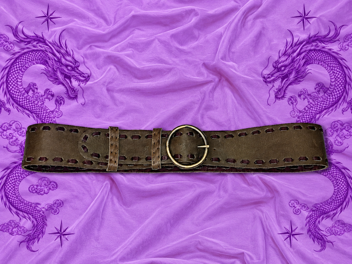 Cintura Larga Marrone Y2K Boho Western con Fibbia Rotonda Effetto Vissuto