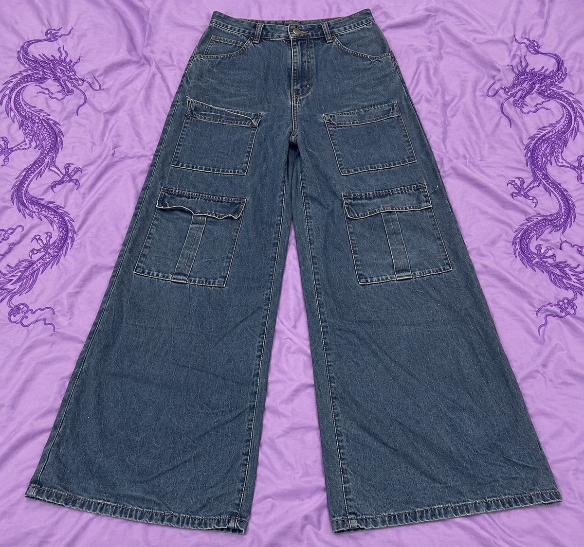 Jeans Cargo Baggy Y2K Blu Denim Wide Leg – Taglia 12 XL