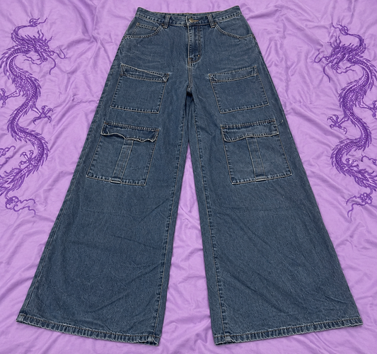 Jeans Cargo Baggy Y2K Blu Denim Wide Leg – Taglia 12 XL