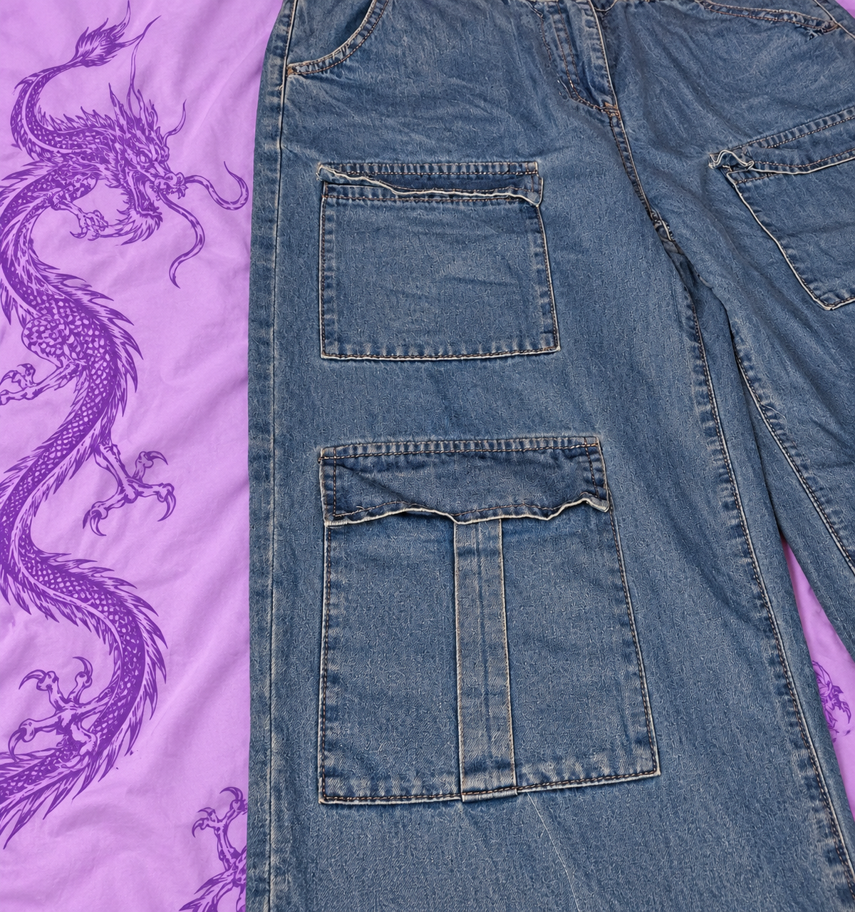 Jeans Cargo Baggy Y2K Blu Denim Wide Leg – Taglia 12 XL