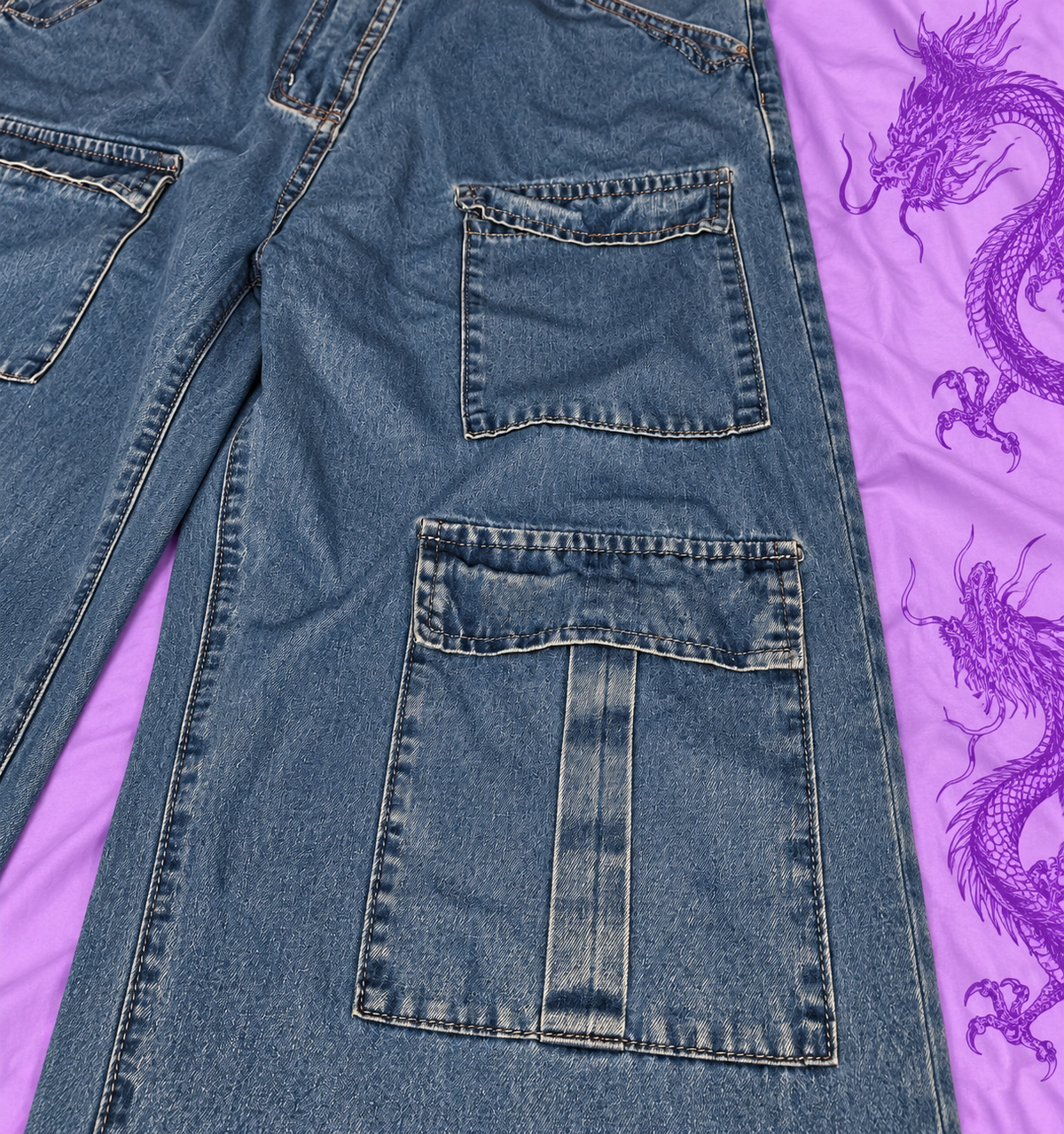 Jeans Cargo Baggy Y2K Blu Denim Wide Leg – Taglia 12 XL