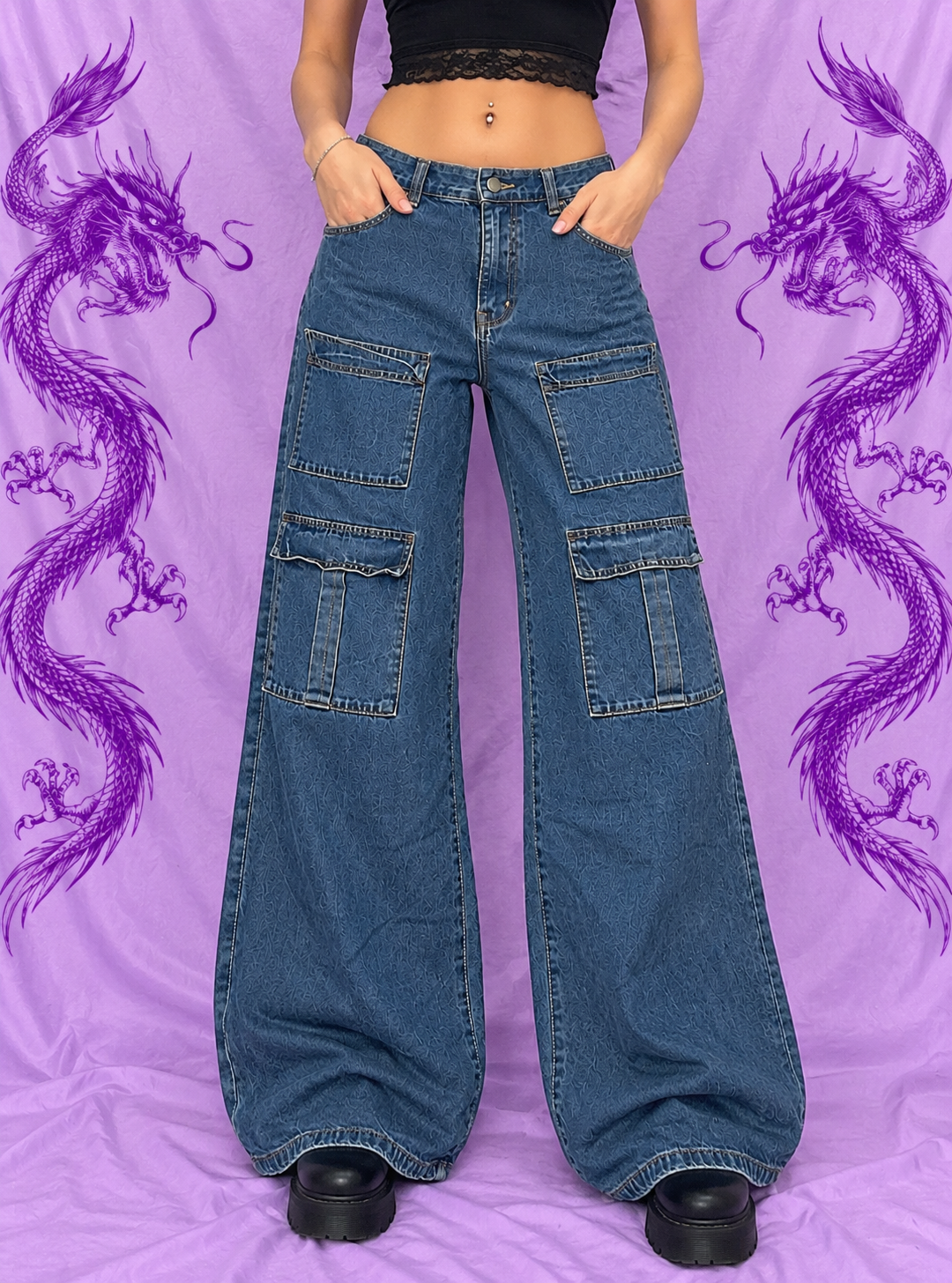 Jeans Cargo Baggy Y2K Blu Denim Wide Leg – Taglia 12 XL