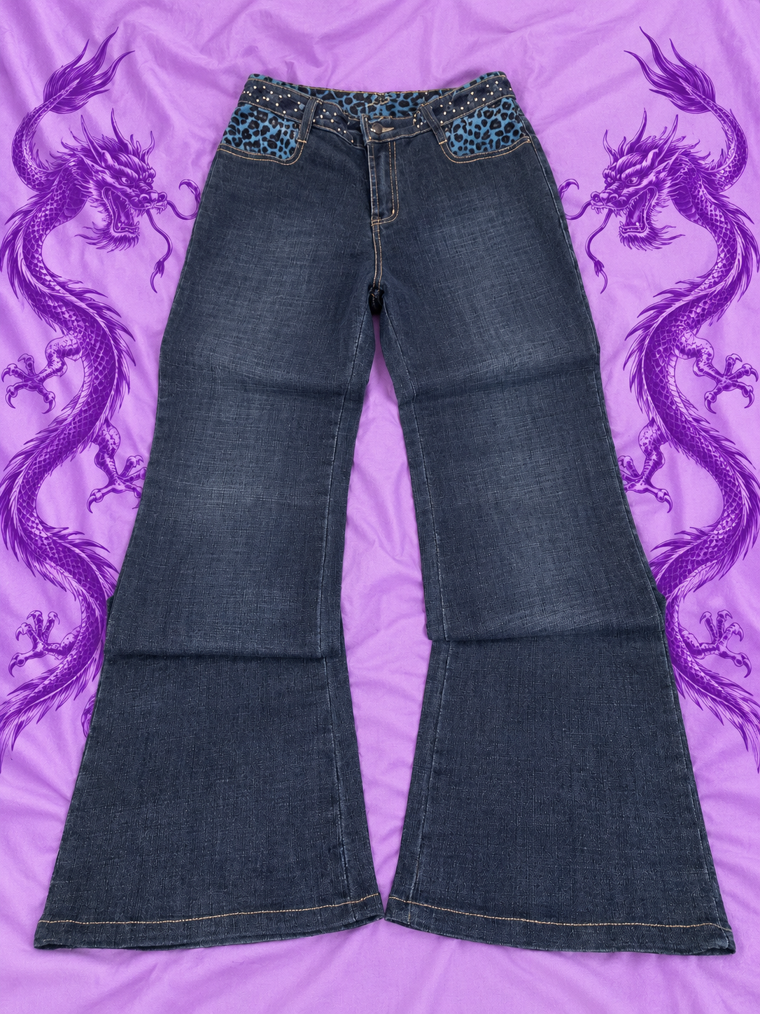Y2K Flare Jeans Size L – Blue Leopard Print & Rhinestone Details