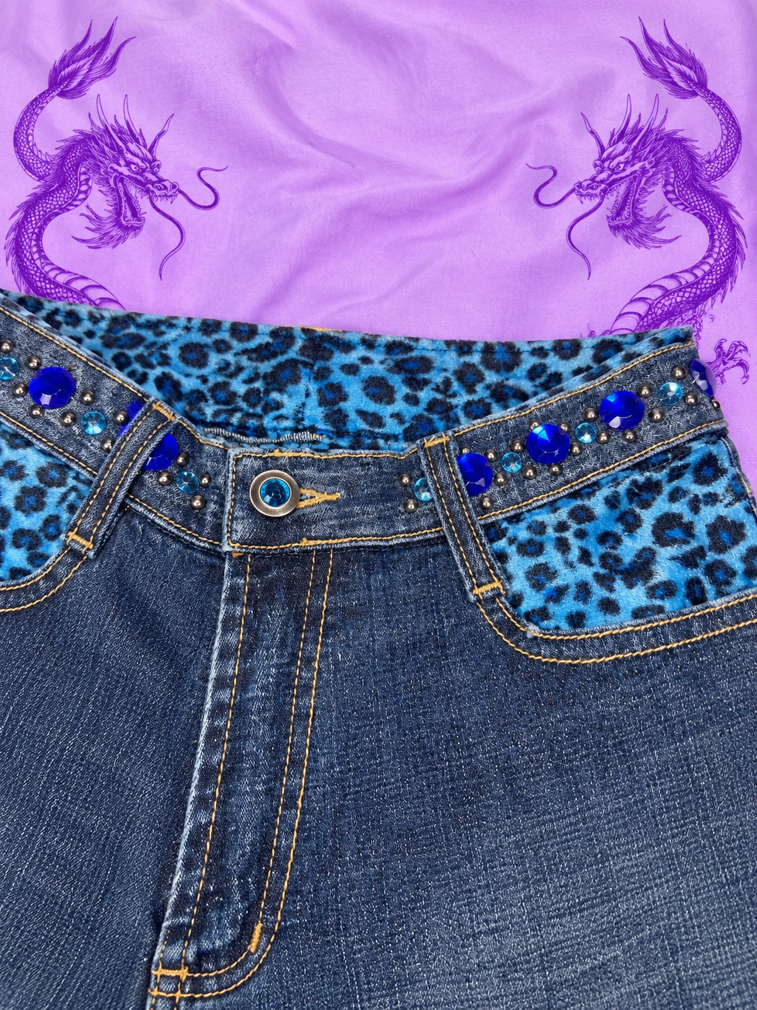 Y2K Flare Jeans Size L – Blue Leopard Print & Rhinestone Details