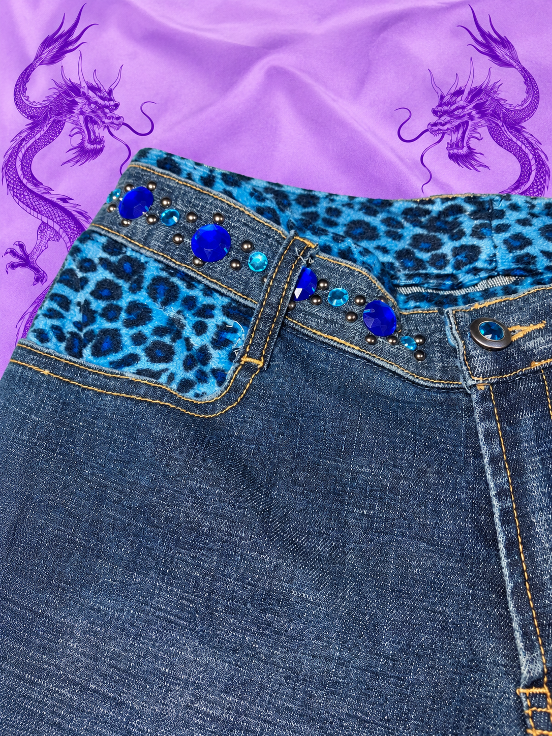 Y2K Flare Jeans Size L – Blue Leopard Print & Rhinestone Details