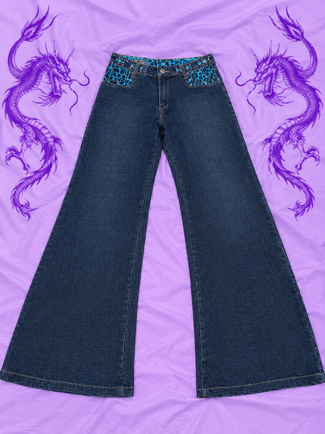 Y2K Flare Jeans Size L – Blue Leopard Print & Rhinestone Details