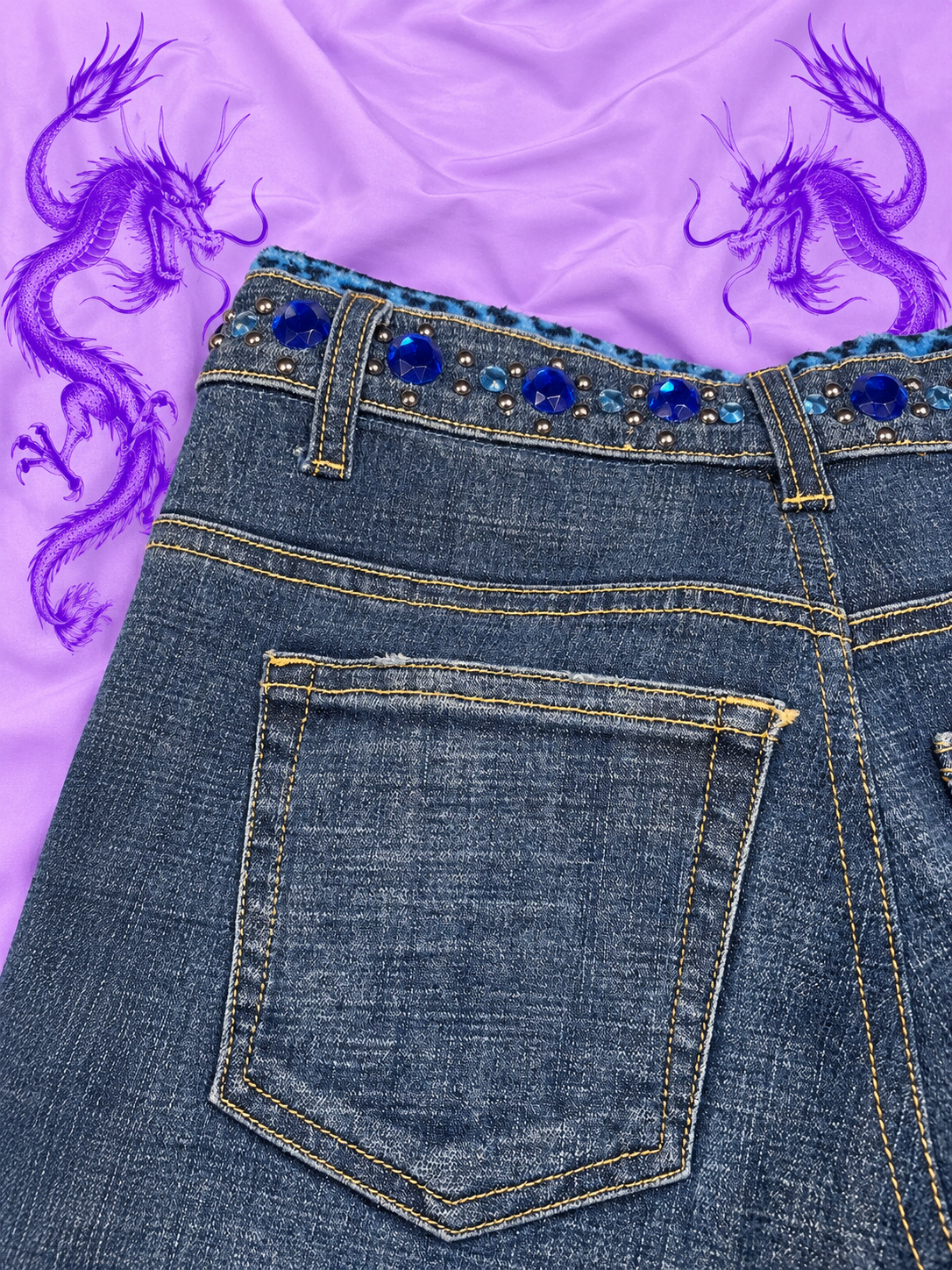 Y2K Flare Jeans Size L – Blue Leopard Print & Rhinestone Details