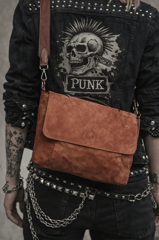 Borsa a tracolla marrone in suede – stile punk rock / vintage streetwear - GEDICO STORE