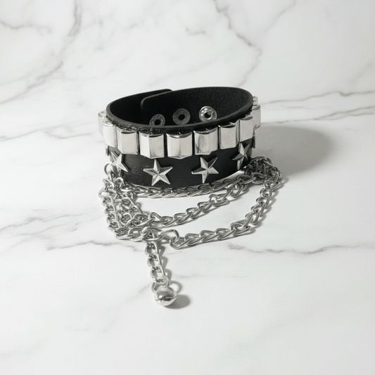 Bracciale Punk Rock in Pelle Nera con Borchie a Stella e Catena Metallica Unisex - GEDICO STORE
