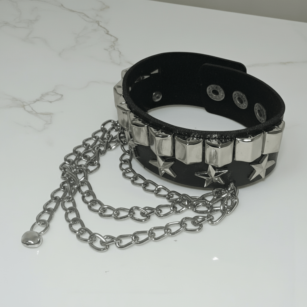 Bracciale Punk Rock in Pelle Nera con Borchie a Stella e Catena Metallica Unisex - GEDICO STORE