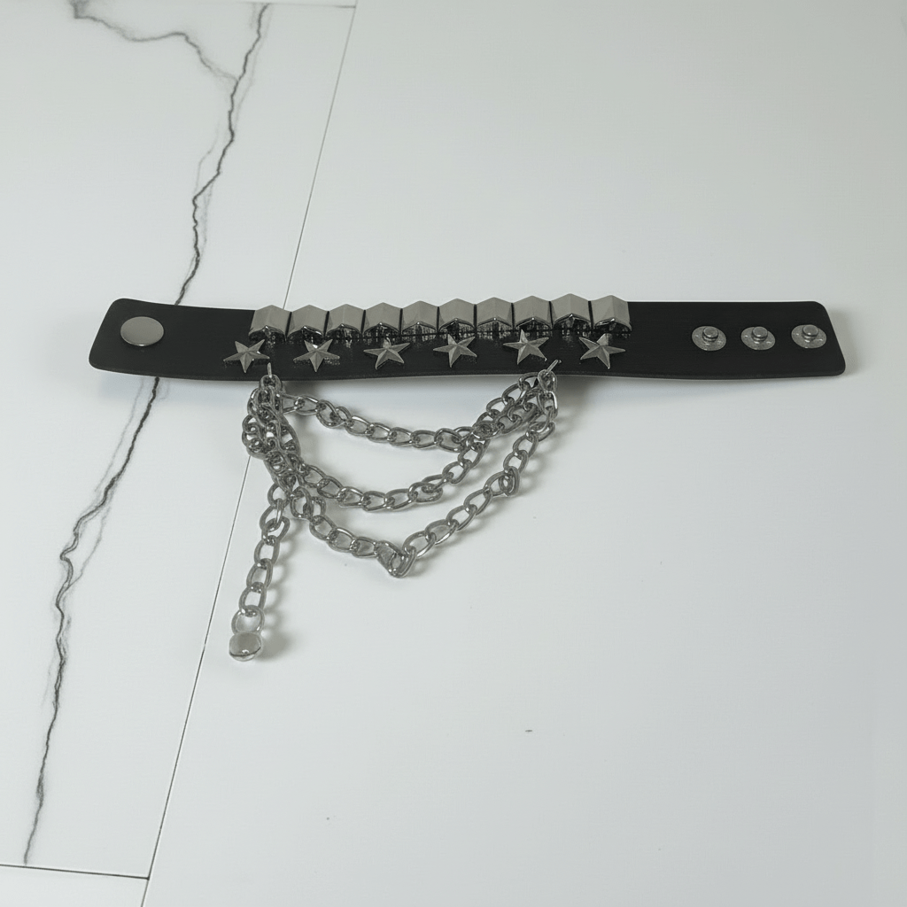 Bracciale Punk Rock in Pelle Nera con Borchie a Stella e Catena Metallica Unisex - GEDICO STORE