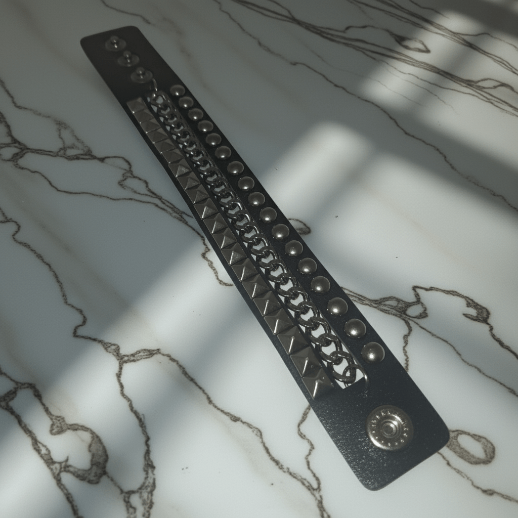 Bracciale Punk Rock Unisex in Pelle Nera con Borchie e Catena | Accessorio Y2K Emo Goth | Polsino Regolabile Stile AlternativePunk Rock Black Leather Bracelet with Studs and Chain | Y2K Emo Goth Cuff | Unisex Adjustable Wristband - GEDICO STORE