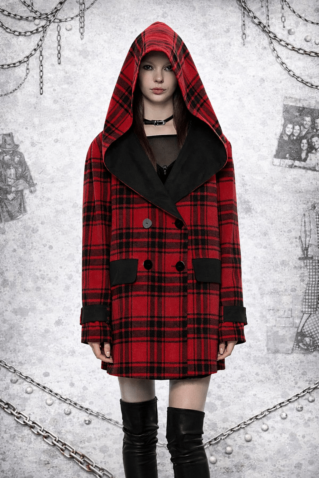 Cappotto Punk Grunge Reversibile Donna con Cappuccio – Scozzese Rosso & Nero | Stile Alternative Goth - GEDICO STORE