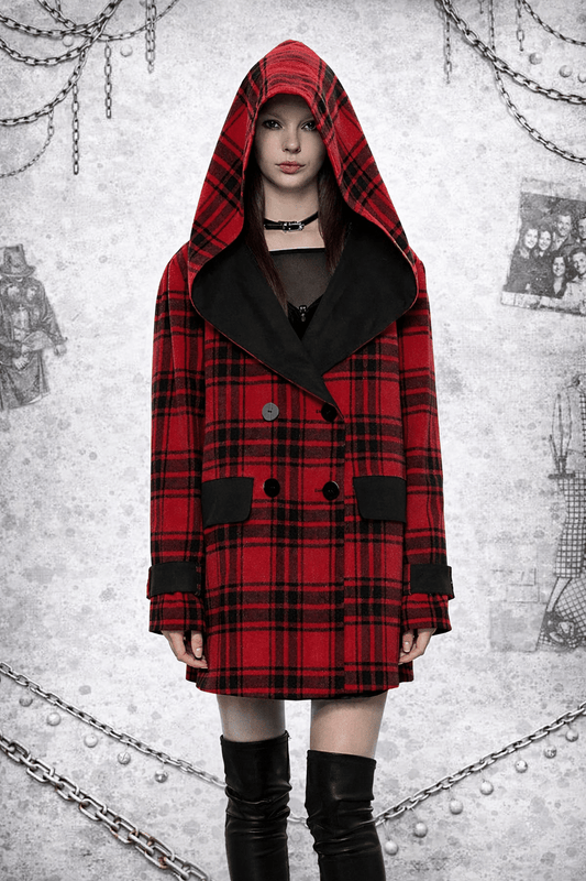 Cappotto Punk Grunge Reversibile Donna con Cappuccio – Scozzese Rosso & Nero | Stile Alternative Goth - GEDICO STORE