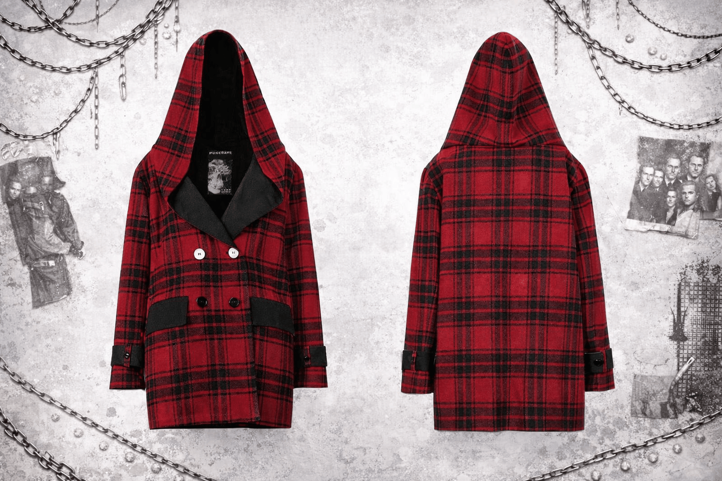 Cappotto Punk Grunge Reversibile Donna con Cappuccio – Scozzese Rosso & Nero | Stile Alternative Goth - GEDICO STORE