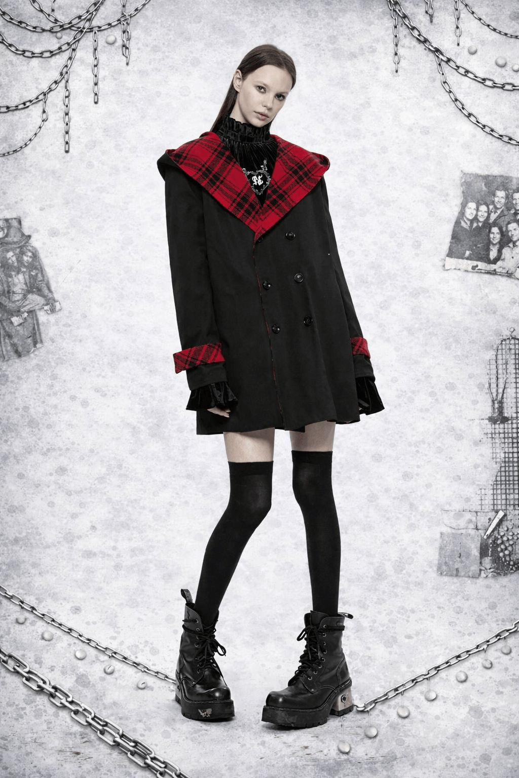 Cappotto Punk Grunge Reversibile Donna con Cappuccio – Scozzese Rosso & Nero | Stile Alternative Goth - GEDICO STORE