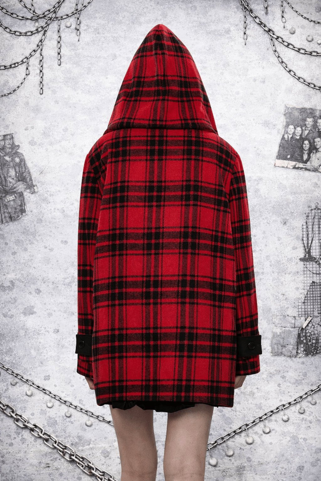 Cappotto Punk Grunge Reversibile Donna con Cappuccio – Scozzese Rosso & Nero | Stile Alternative Goth - GEDICO STORE