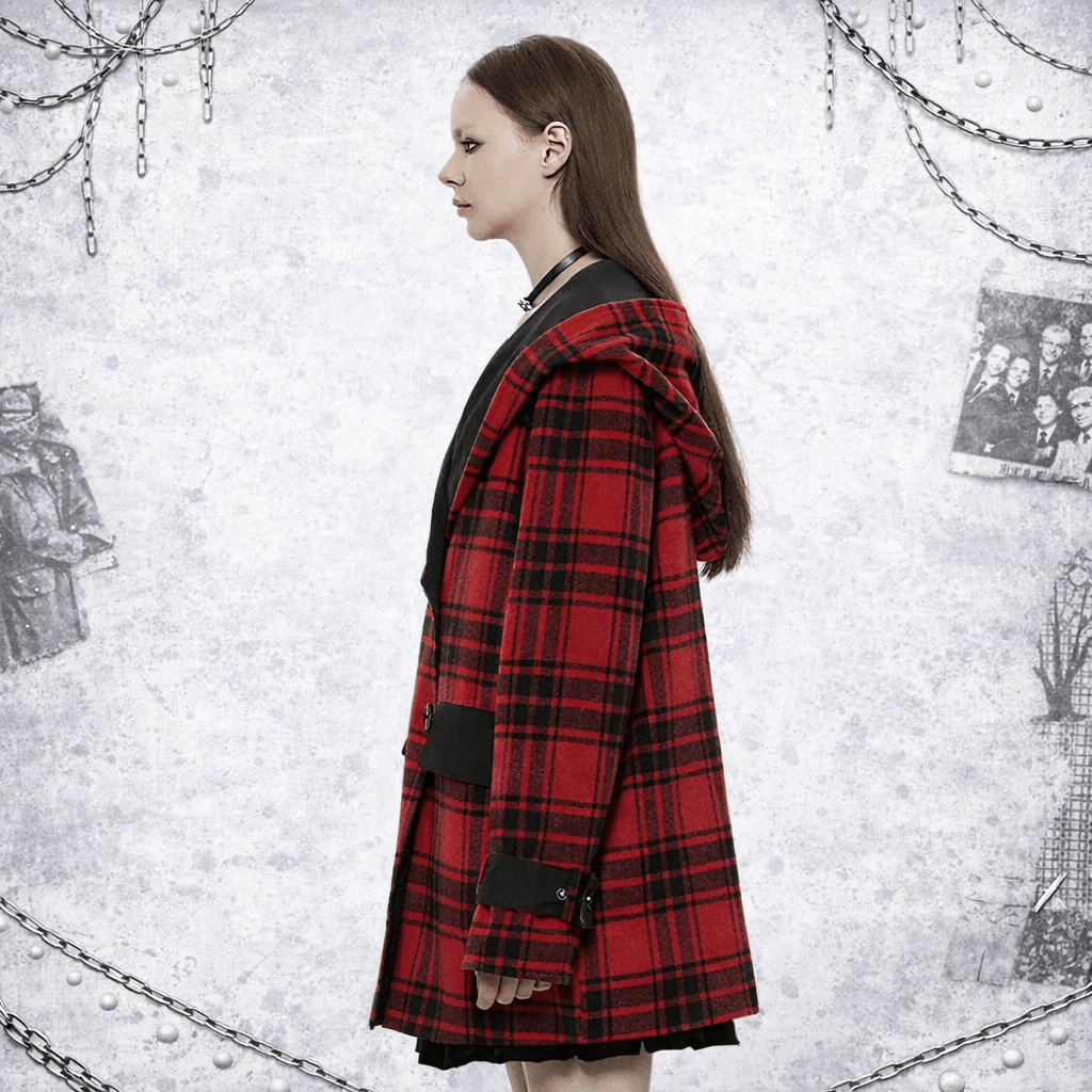 Cappotto Punk Grunge Reversibile Donna con Cappuccio – Scozzese Rosso & Nero | Stile Alternative Goth - GEDICO STORE