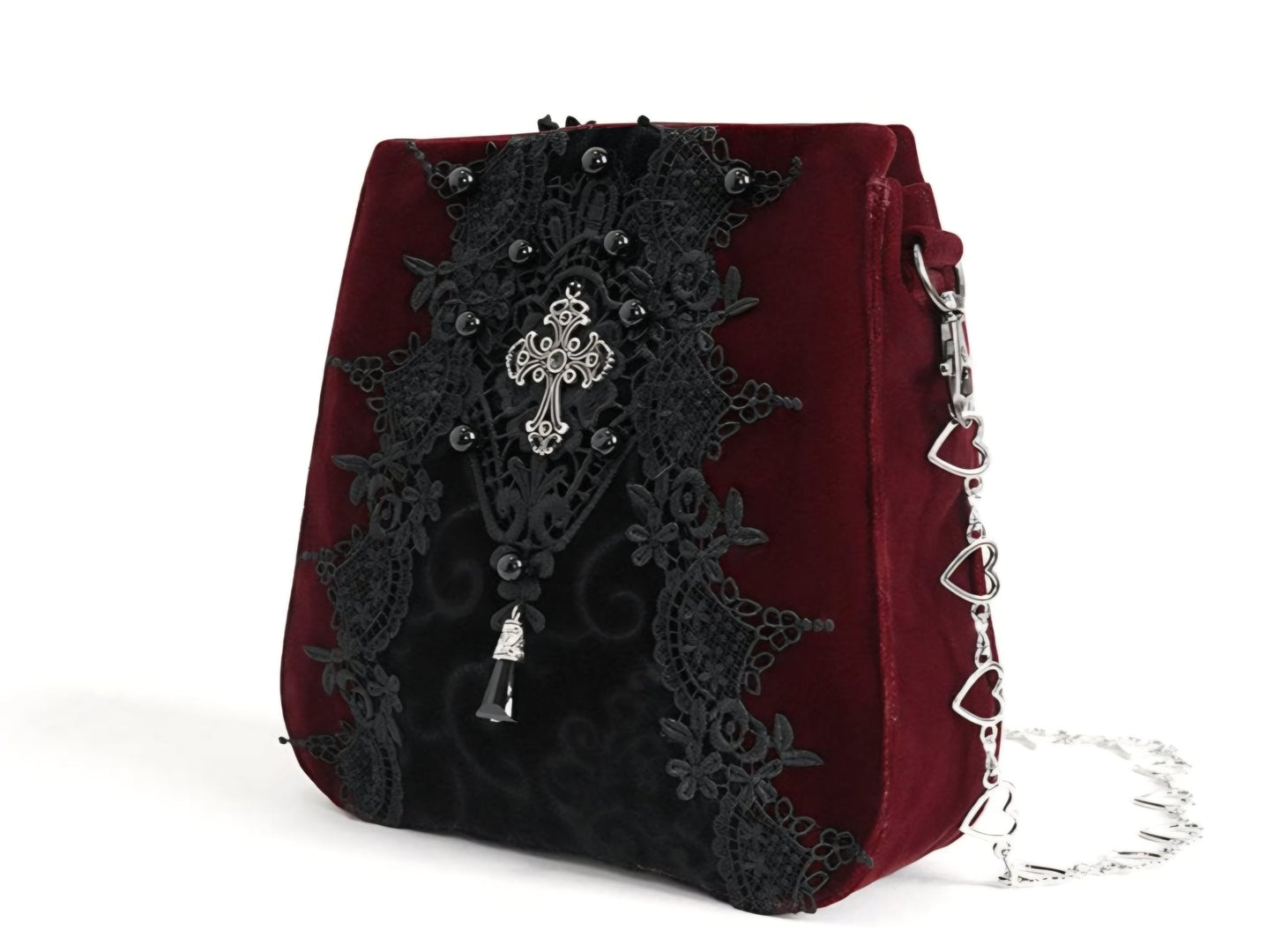 EN: Gothic Velvet Crossbody Bag with Lace & Cross Charm IT: Borsa Gothica in Velluto con Ricami, Pizzo e Croce Decorativa - GEDICO STORE