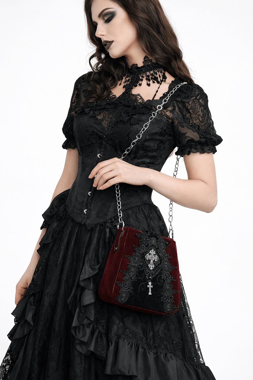 EN: Gothic Velvet Crossbody Bag with Lace & Cross Charm IT: Borsa Gothica in Velluto con Ricami, Pizzo e Croce Decorativa - GEDICO STORE