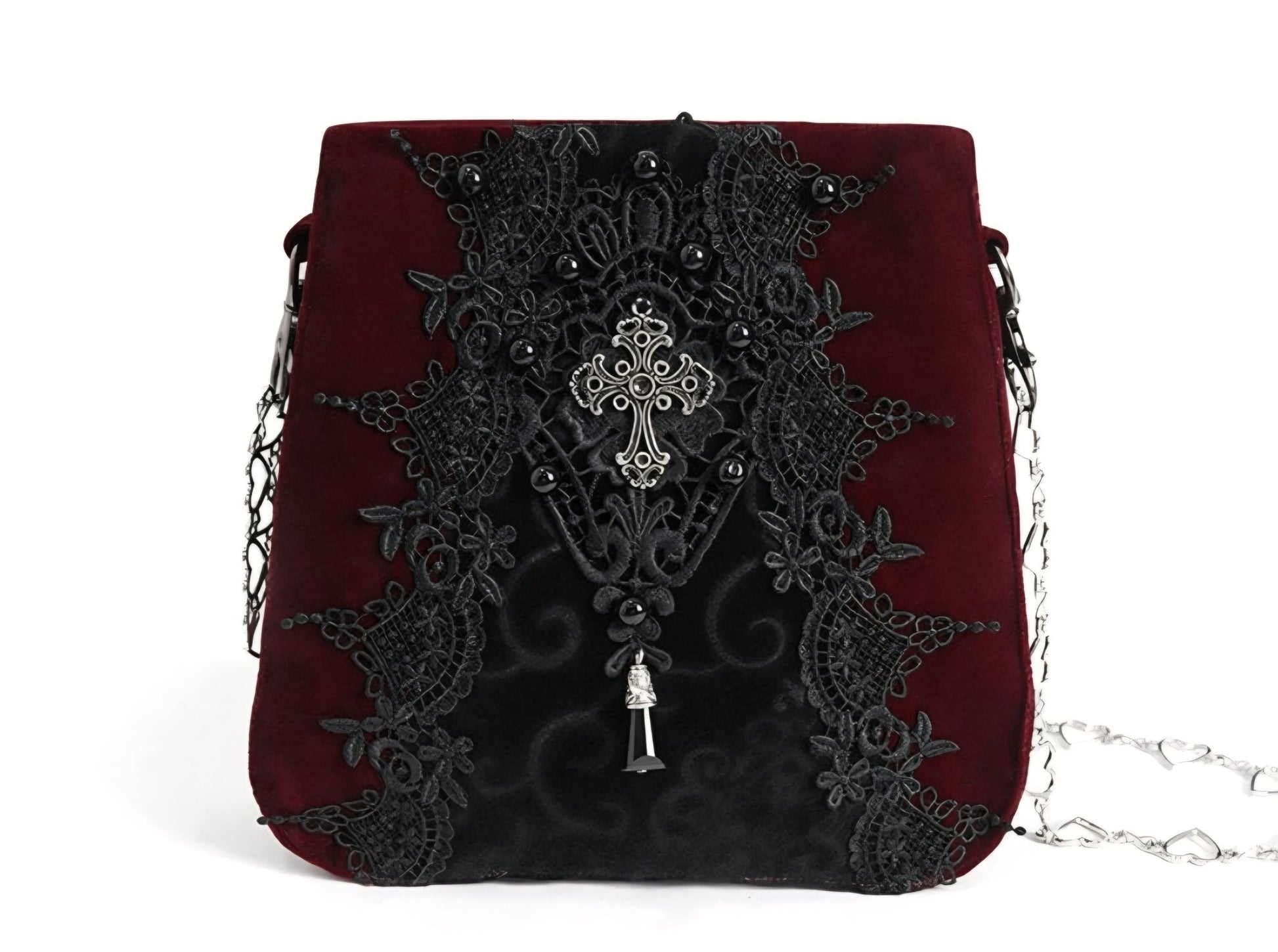 EN: Gothic Velvet Crossbody Bag with Lace & Cross Charm IT: Borsa Gothica in Velluto con Ricami, Pizzo e Croce Decorativa - GEDICO STORE