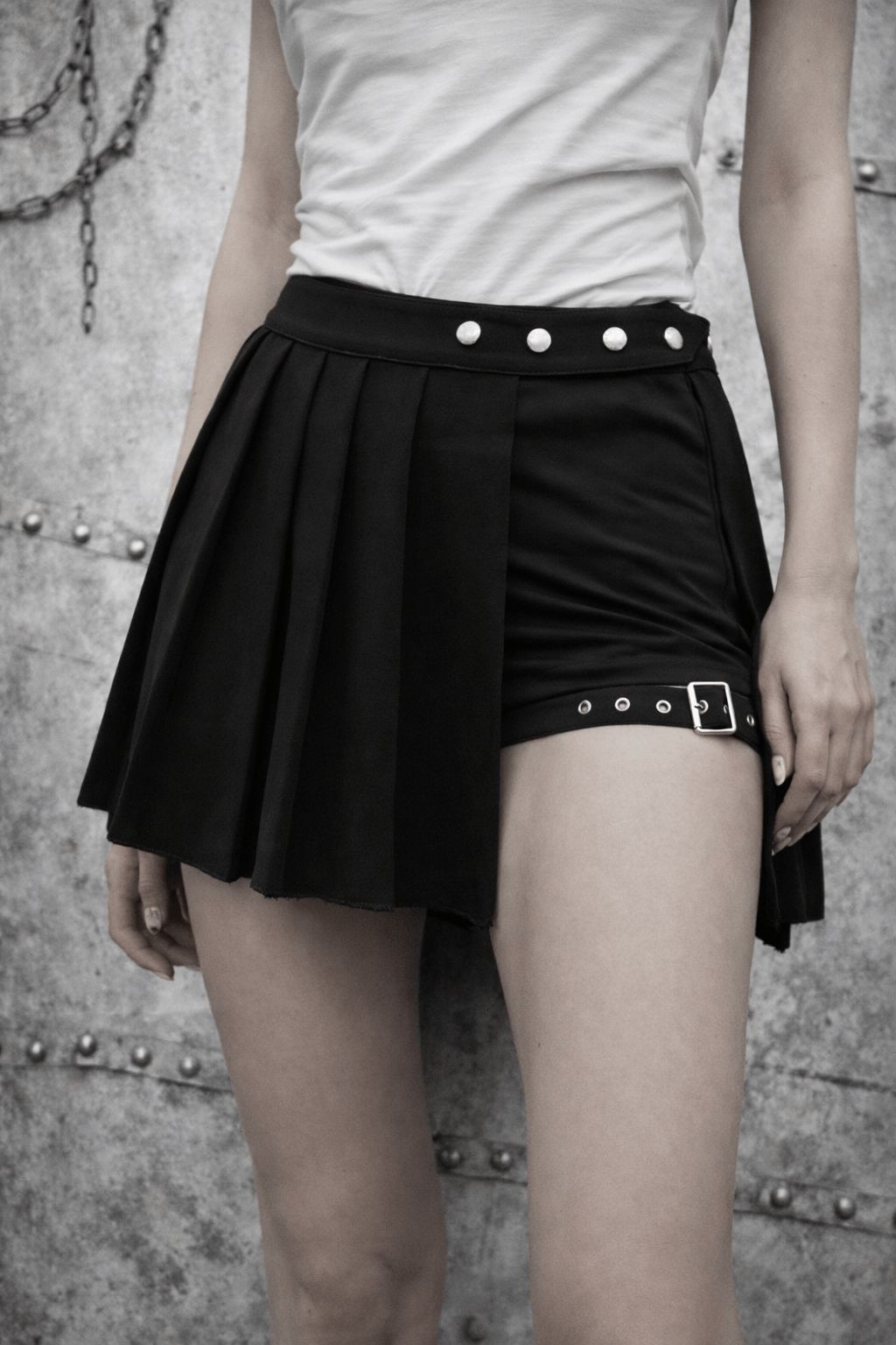 Gonna Pantaloncino Nera Punk Grunge a Pieghe con Cintura – 2 Pezzi - GEDICO STORE