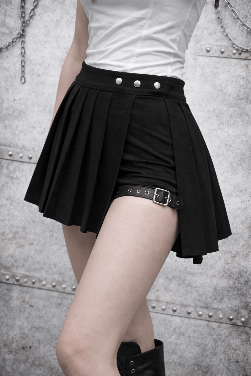 Gonna Pantaloncino Nera Punk Grunge a Pieghe con Cintura – 2 Pezzi - GEDICO STORE