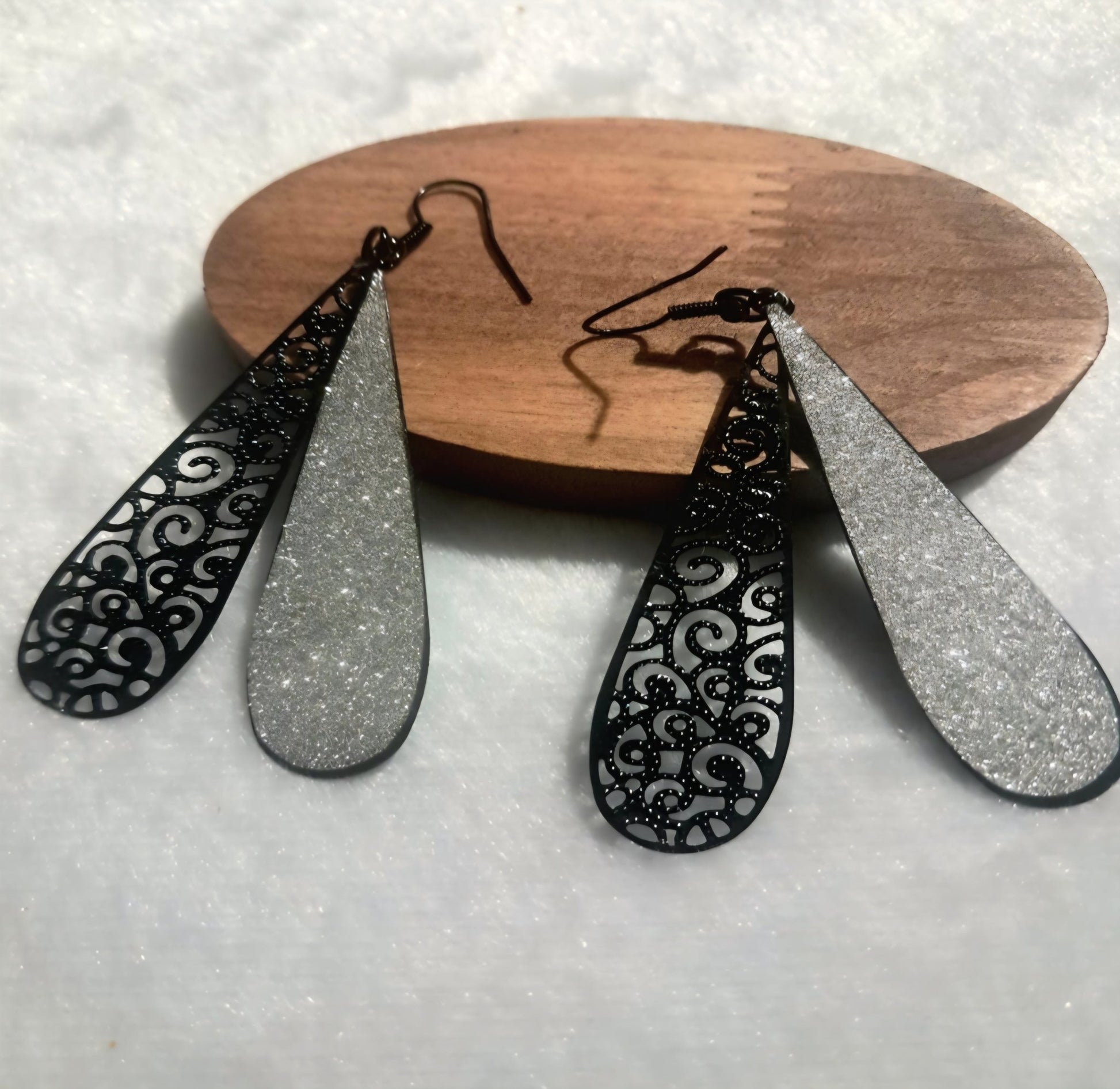 Orecchini pendenti donna | Goccia argento glitter nero eleganti - GEDICO STORE