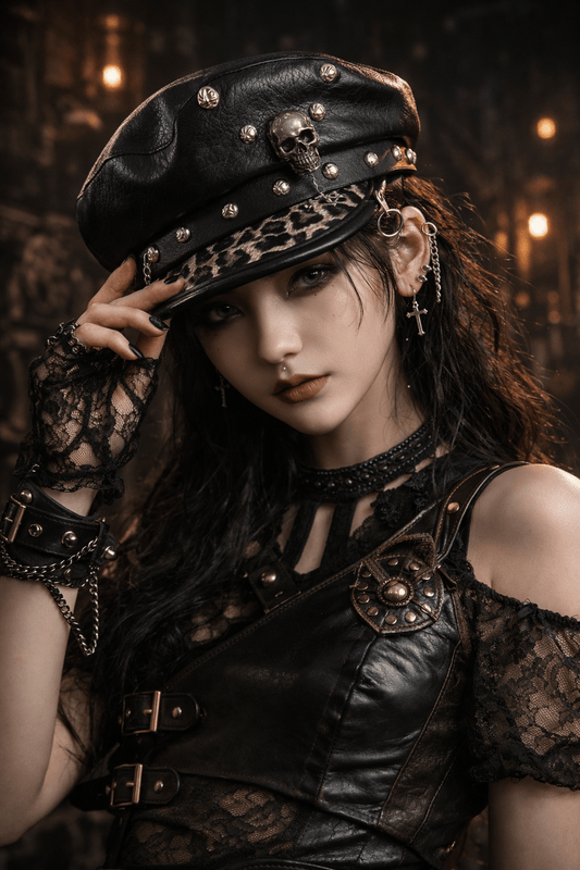 Punk Skull Rivet Chained Hat – Gothic Leopard Cap - GEDICO STORE