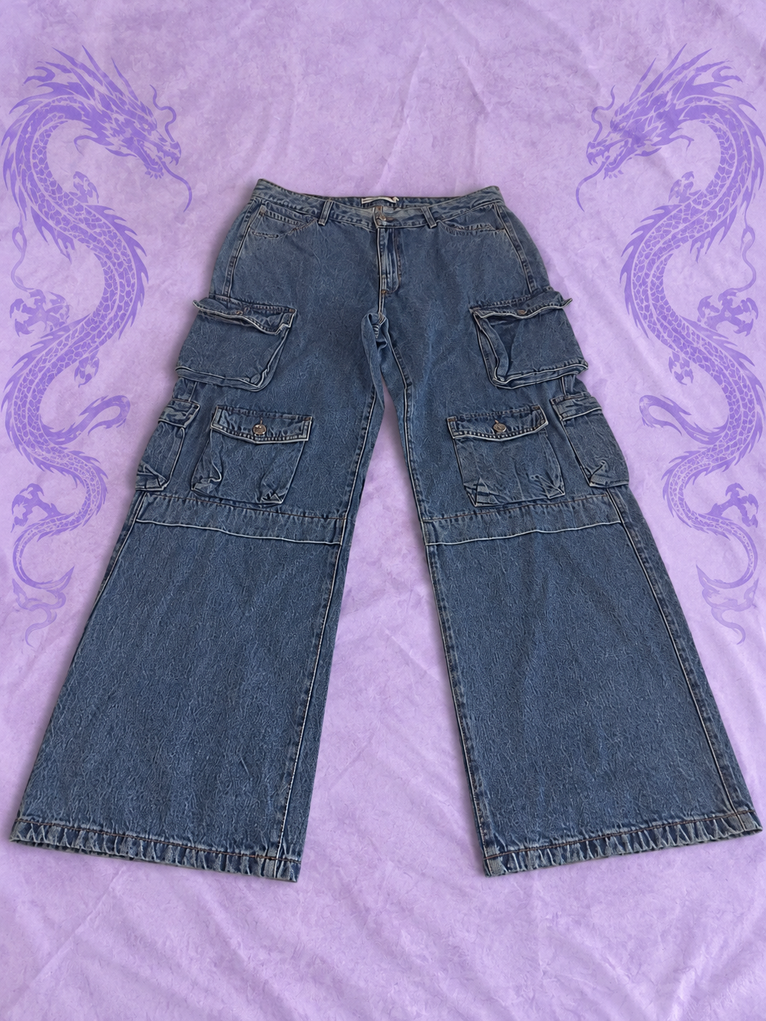 Garage Denim Y2K Cargo Jeans – Blue Wide Leg Multi Pocket – Size 11/30