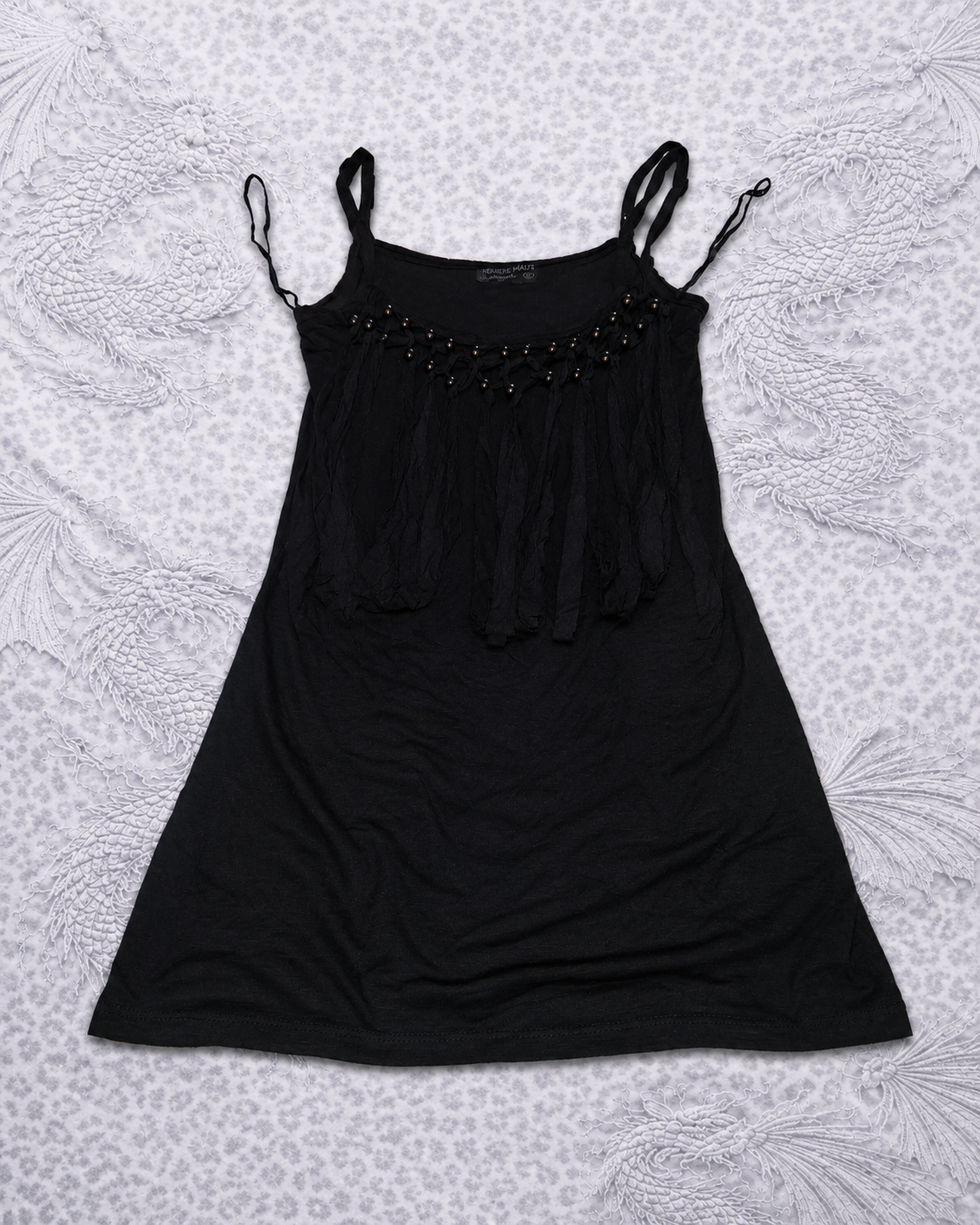 Black Fringe Boho Top with Beaded Neckline – Y2K Festival Style Tank