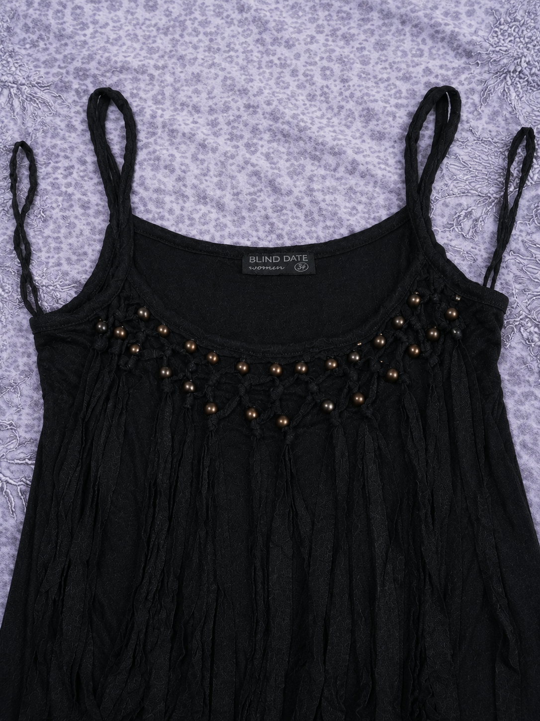 Black Fringe Boho Top with Beaded Neckline – Y2K Festival Style Tank