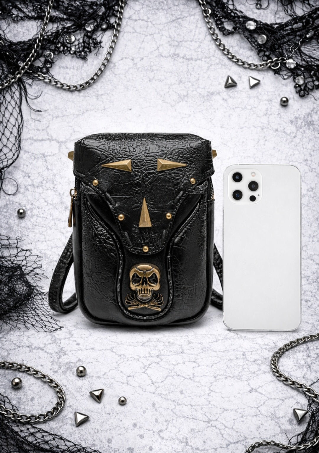 Skull Stud Mini Bag NUOVA – Mini borsa punk gothic con teschio e borchie metal