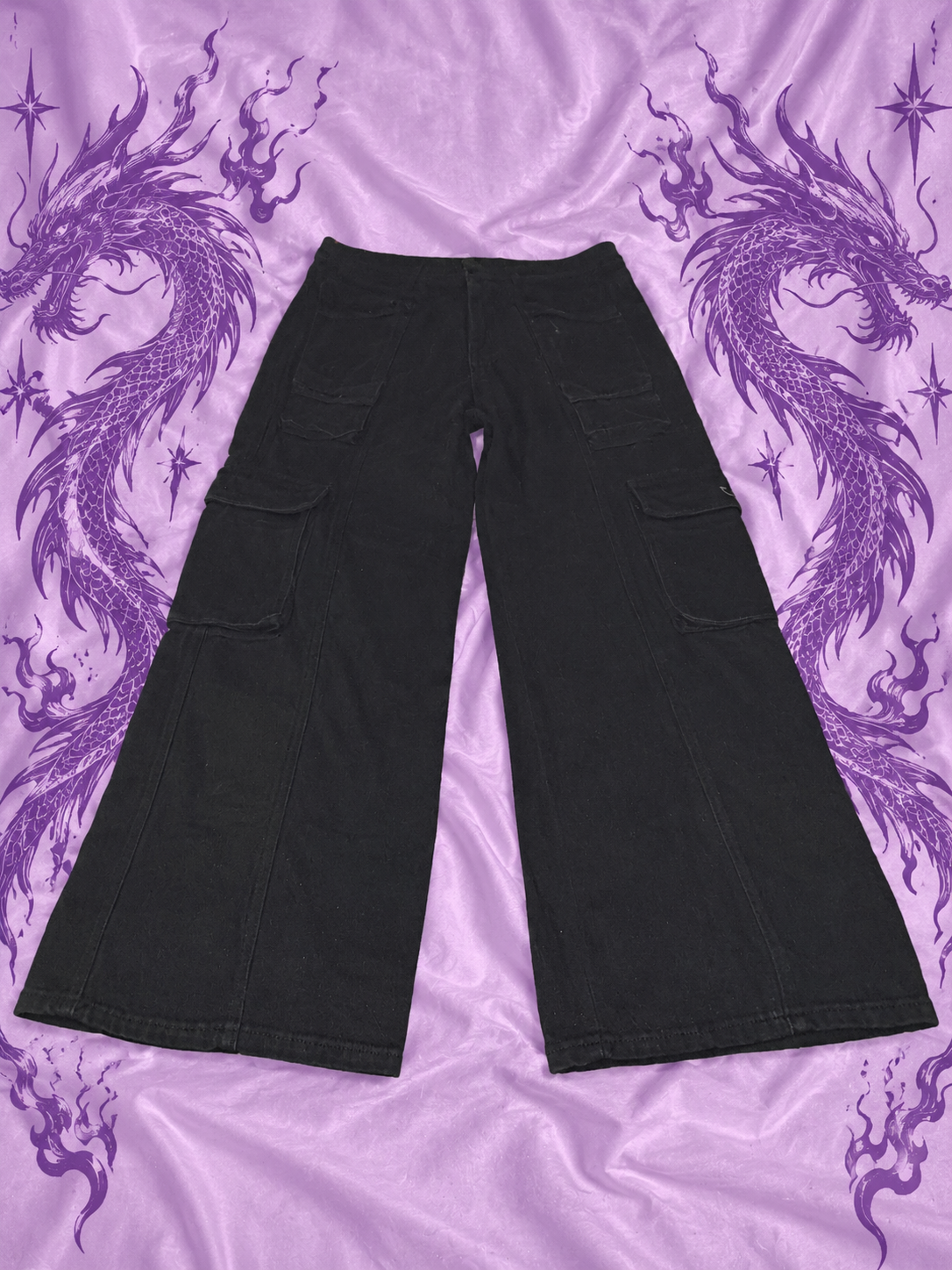 Black Y2K Baggy Cargo Pants – Wide Leg Multi Pocket Trousers Size M