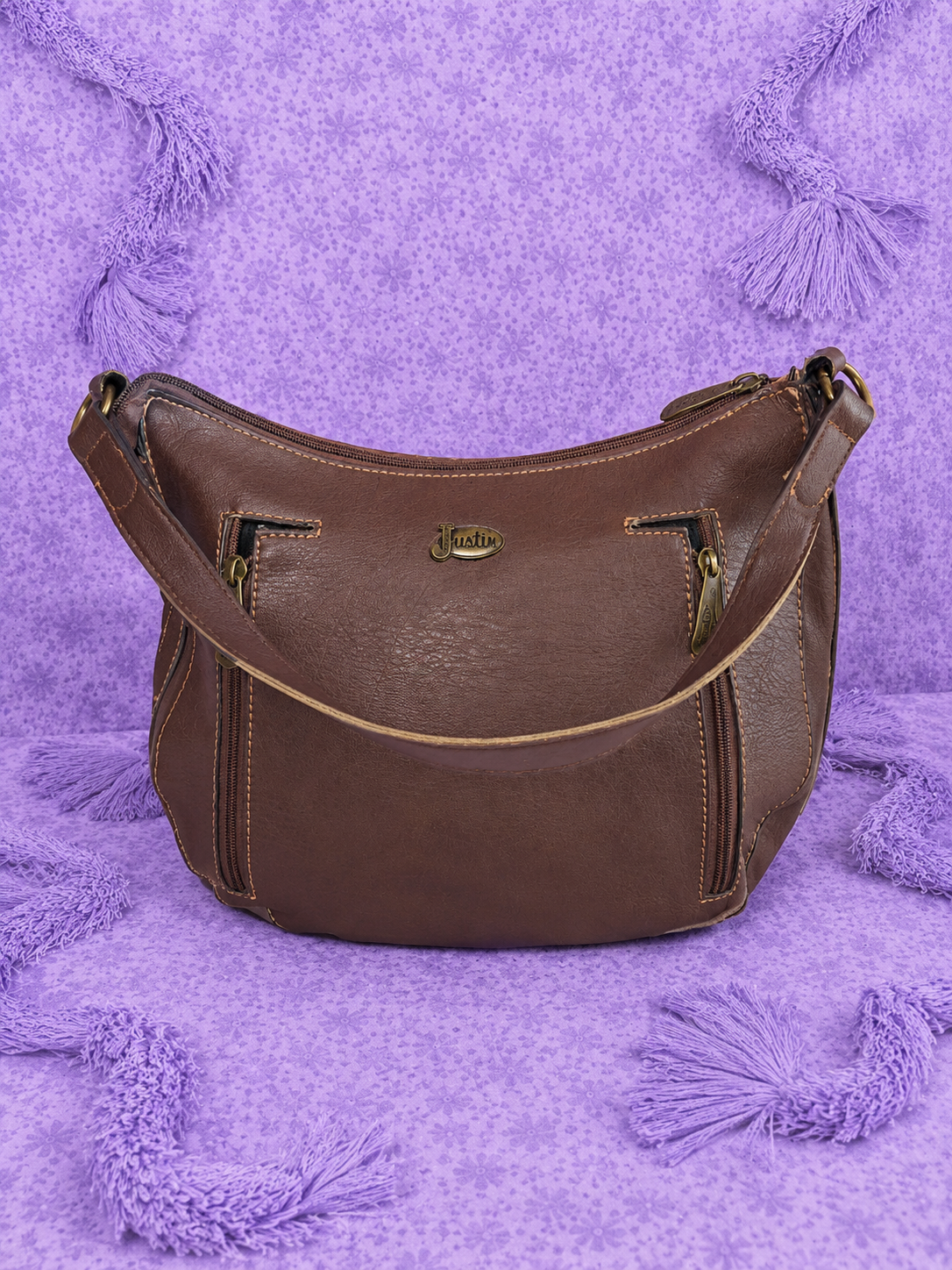 Justin Vintage Western Shoulder Bag Brown Embossed Boho Handbag Country Style