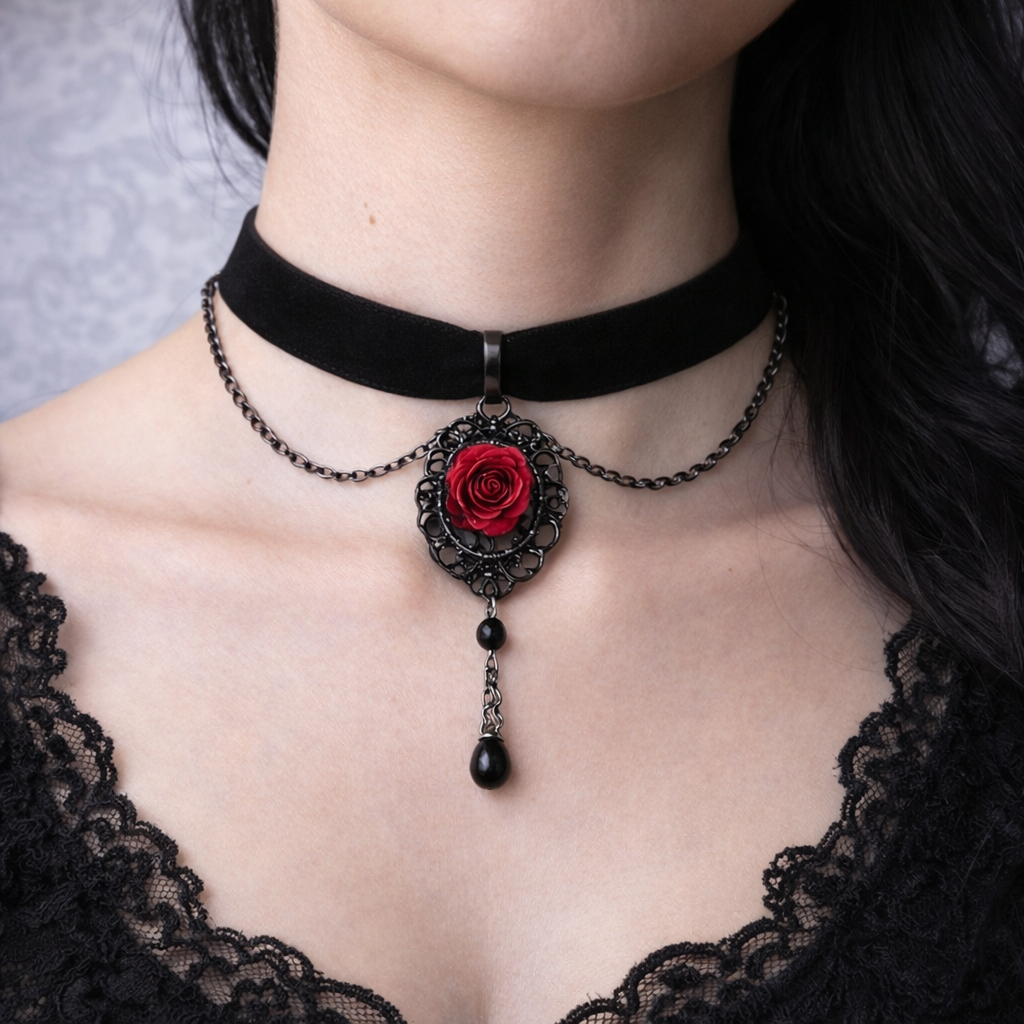 Choker Gotico Nero con Rosa Rossa e Catenella – Collana Gothic Punk Dark Aesthetic Regolabile